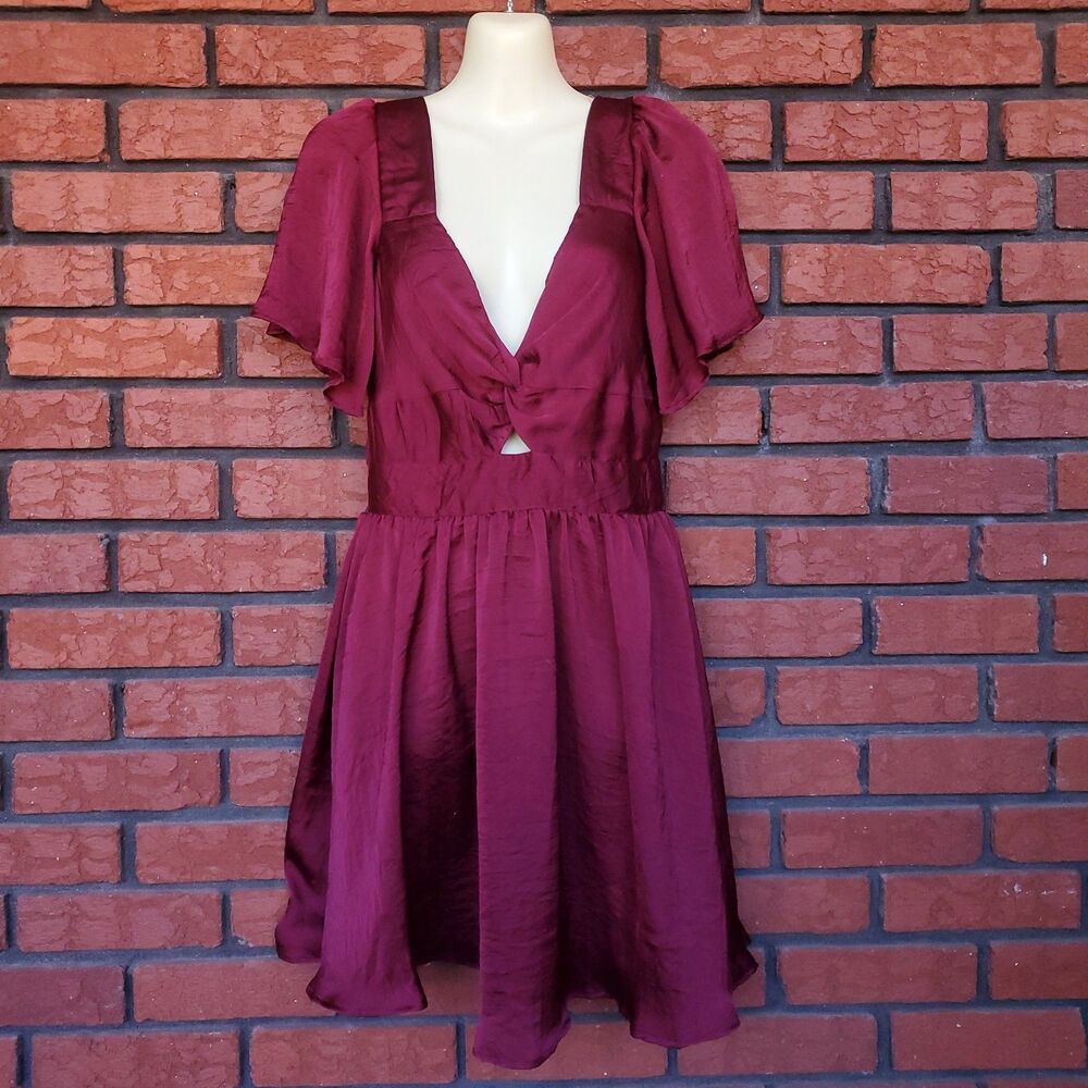 Angie Satin Mini Dress M Burgundy Smocked Angel Sleeve Whimsigoth Fairy Grunge - Picture 2 of 11